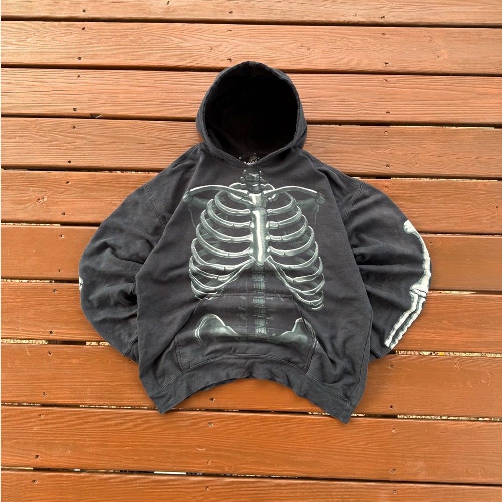 Vintage Y2K Hybrid Tees Skeleton Hoodie Sweatshirt L Full Zip Grunge Emo Skate
